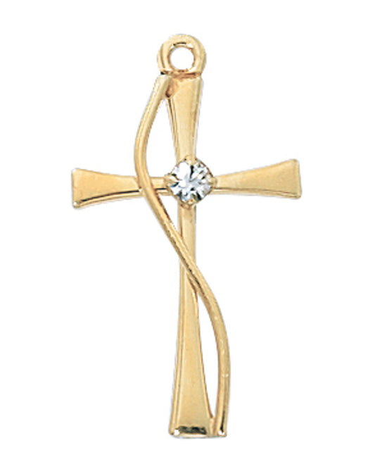 Gold cross pendant with a clear gemstone on a white background