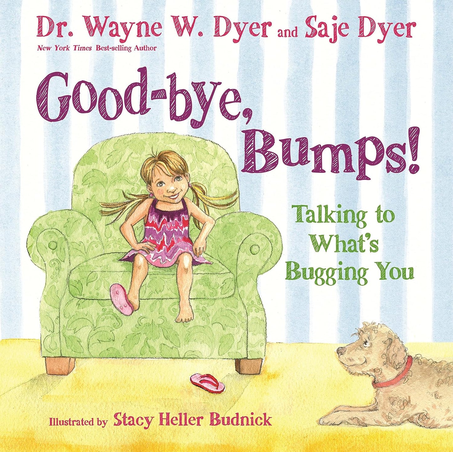 Book cover of 'Goodbye, Bumps!' with a child sitting on a green chair and a dog.