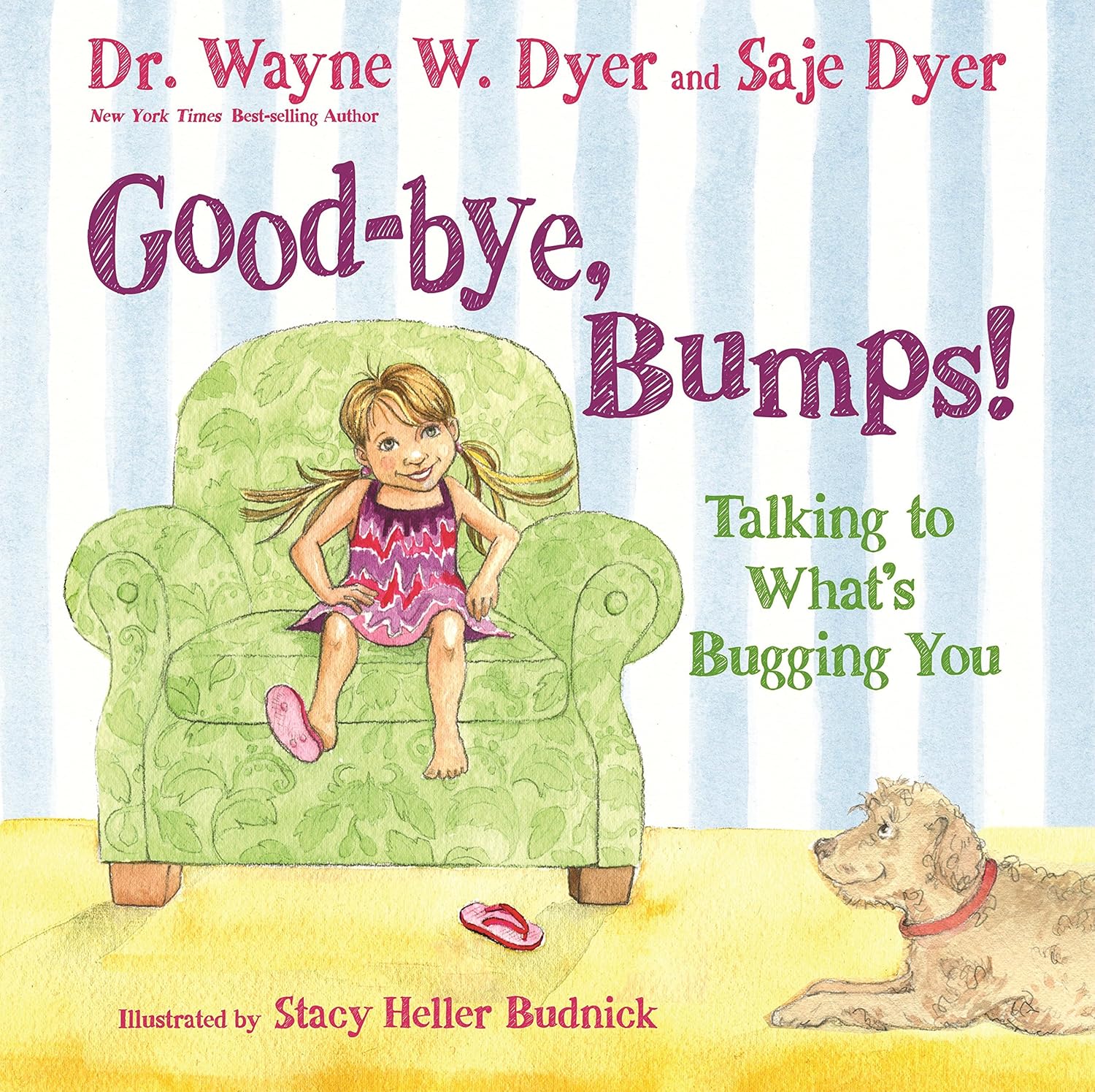 Book cover of 'Goodbye, Bumps!' with a child sitting on a green chair and a dog.