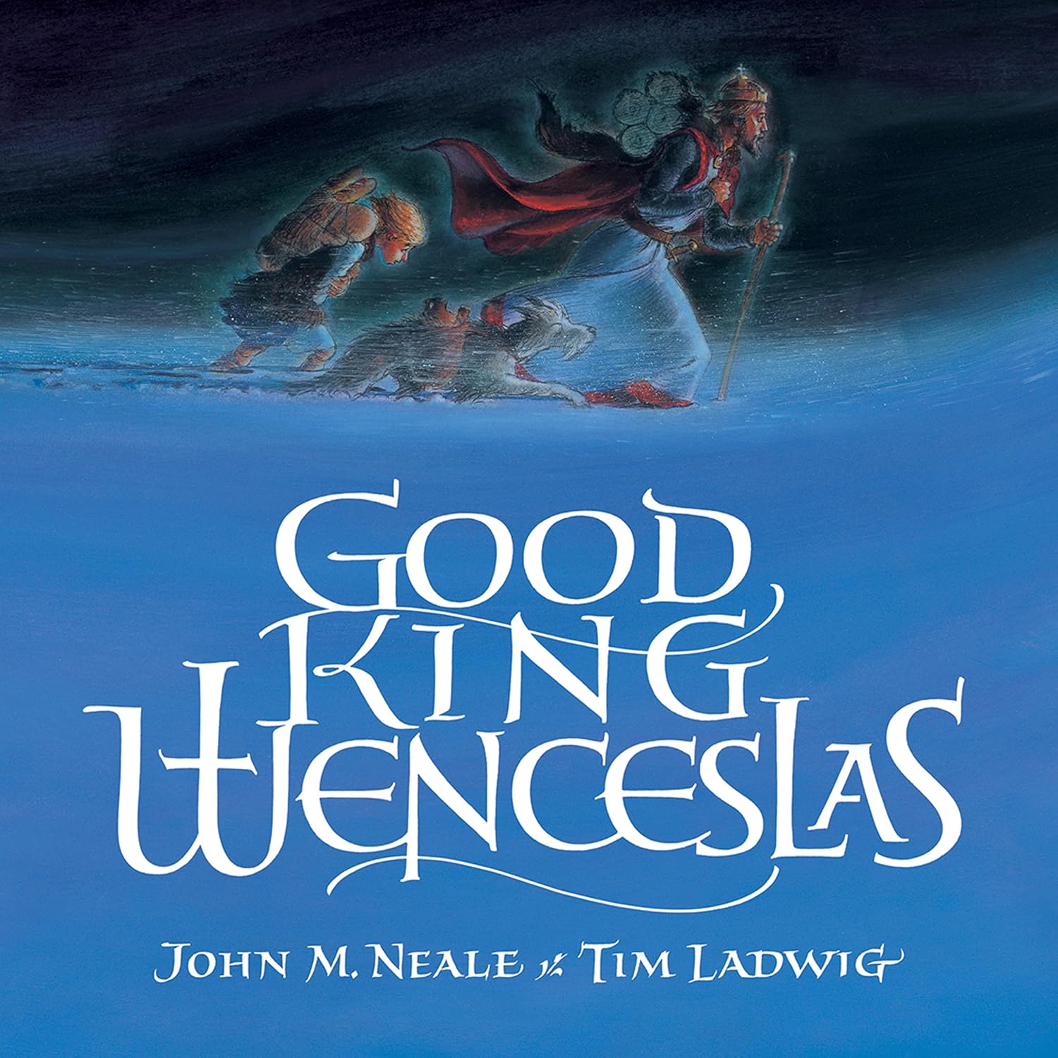 Book cover of 'Good King Wenceslas' with illustrations of a king and his son on a blue background.