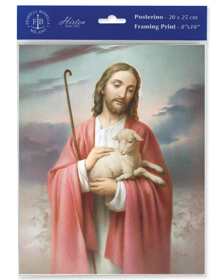 Framing print of a religious figure holding a lamb with a blue border and 'FB' logo.