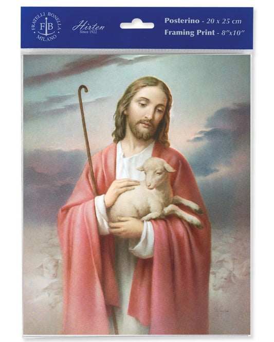 Framing print of a religious figure holding a lamb with a blue border and 'FB' logo.