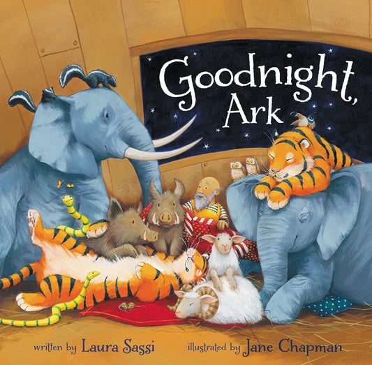 Book cover of 'Goodnight, Ark' with illustrated animals in a room.