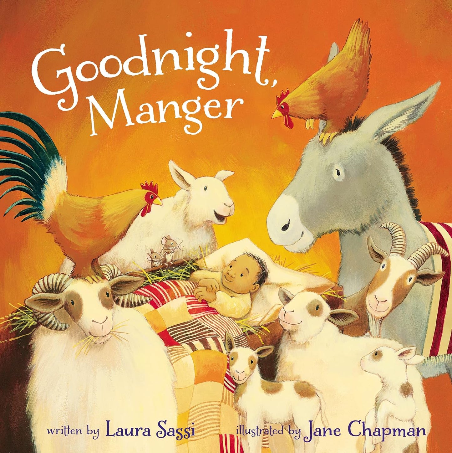 Book cover of 'Goodnight, Manger' with illustrations of baby Jesus surrounded by animals on an orange background.