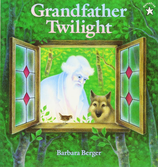 Book cover of 'Grandfather Twilight' with a老人 and wolf in a stained glass window.