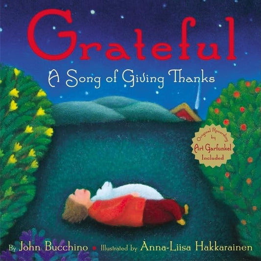 Book cover of 'Grateful: A Song of Giving Thanks' with a child lying on grass under a starry sky.
