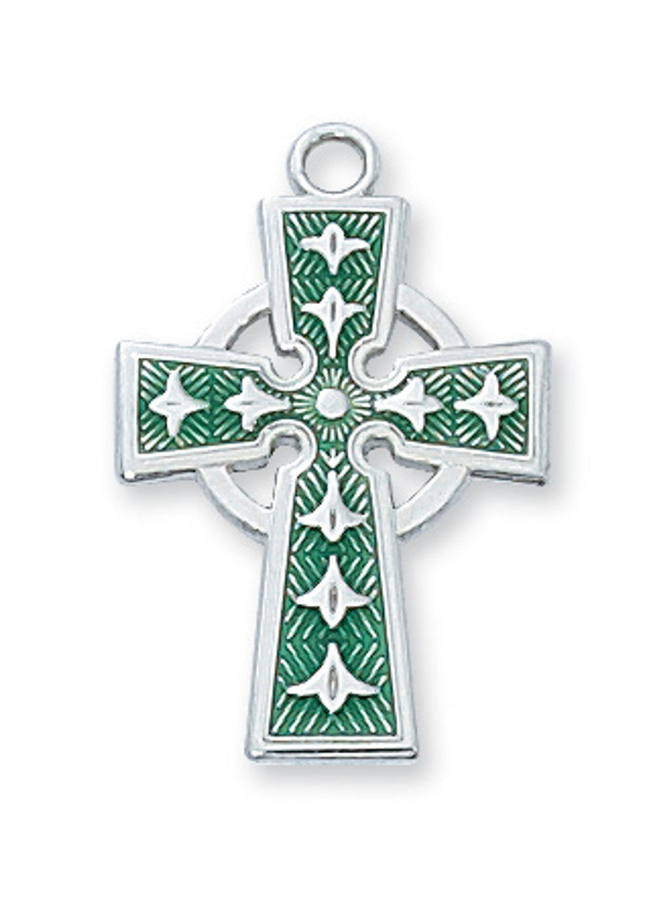 Celtic cross pendant with green and silver design on a white background