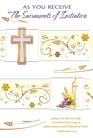 Decorative card with religious symbols and text about sacraments of initiation.