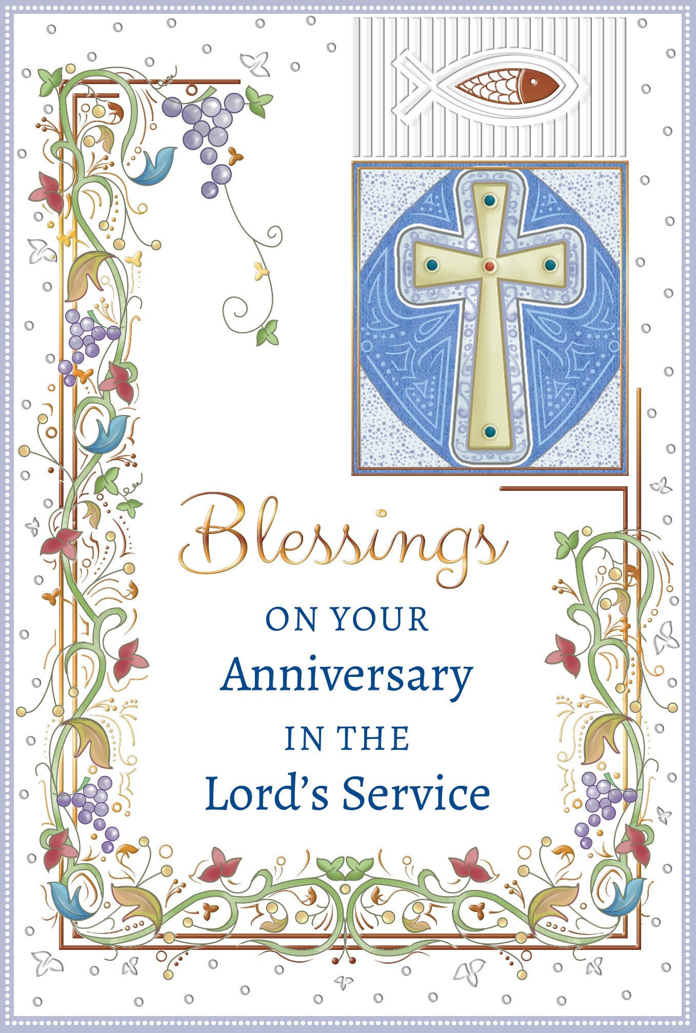 Greeting card with cross design and 'Blessings on Your Anniversary in the Lord's Service' text.