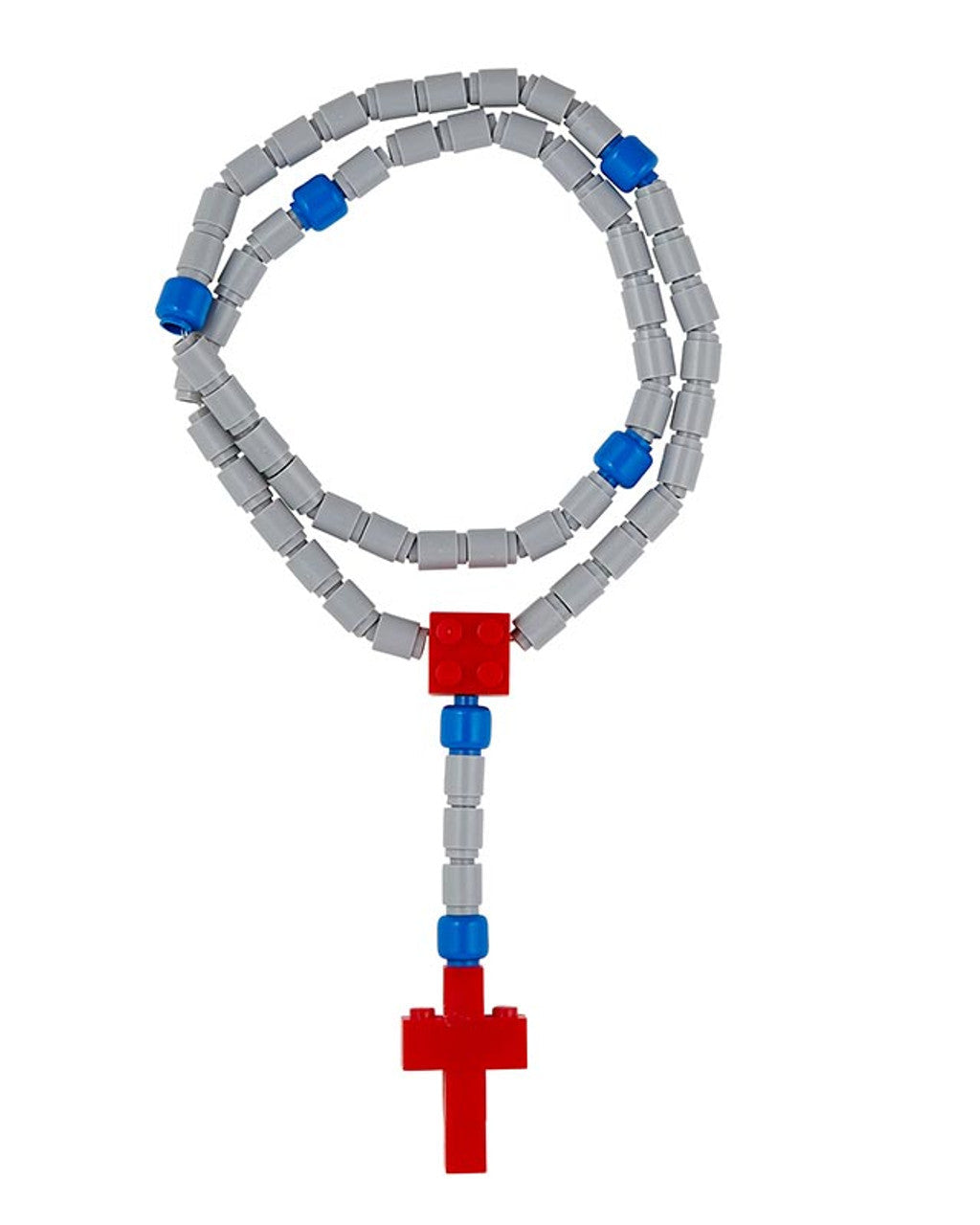 A children's Building Block Rosary with gray, blue, and red beads, featuring a red centerpiece and a gray cross at the end.