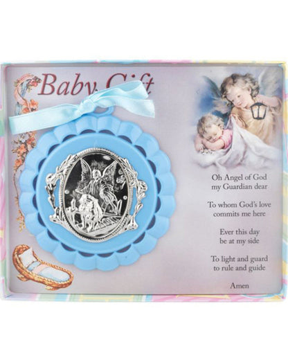 Baby gift with Guardian Angel design and prayer text on a colorful box
