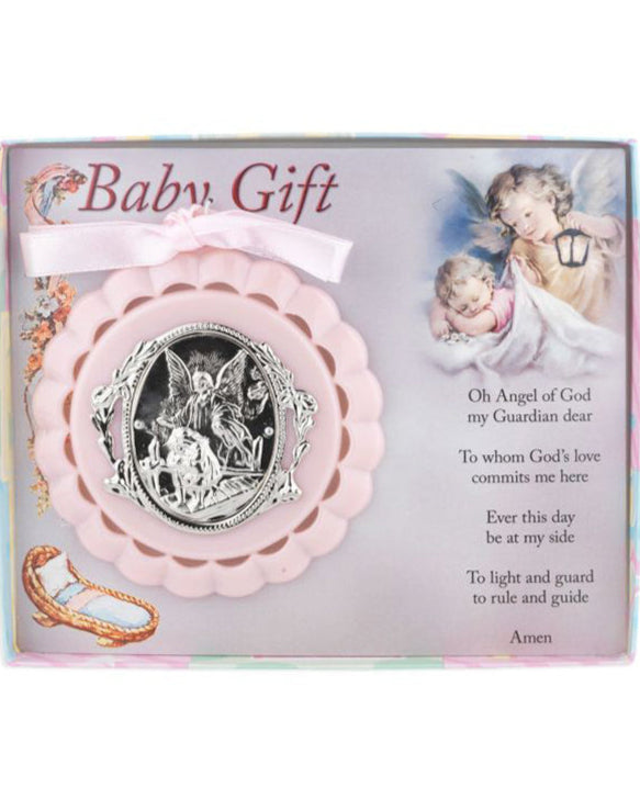 Baby gift with angel design and prayer text on a white background