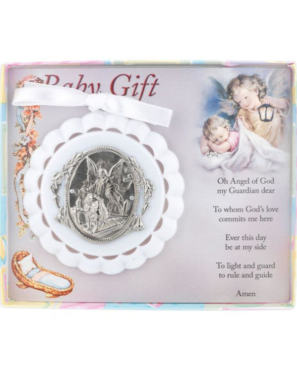 Baby gift set with silver angel and prayer card in a decorative box.