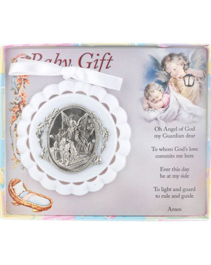 Baby gift set with silver angel and prayer card in a decorative box.