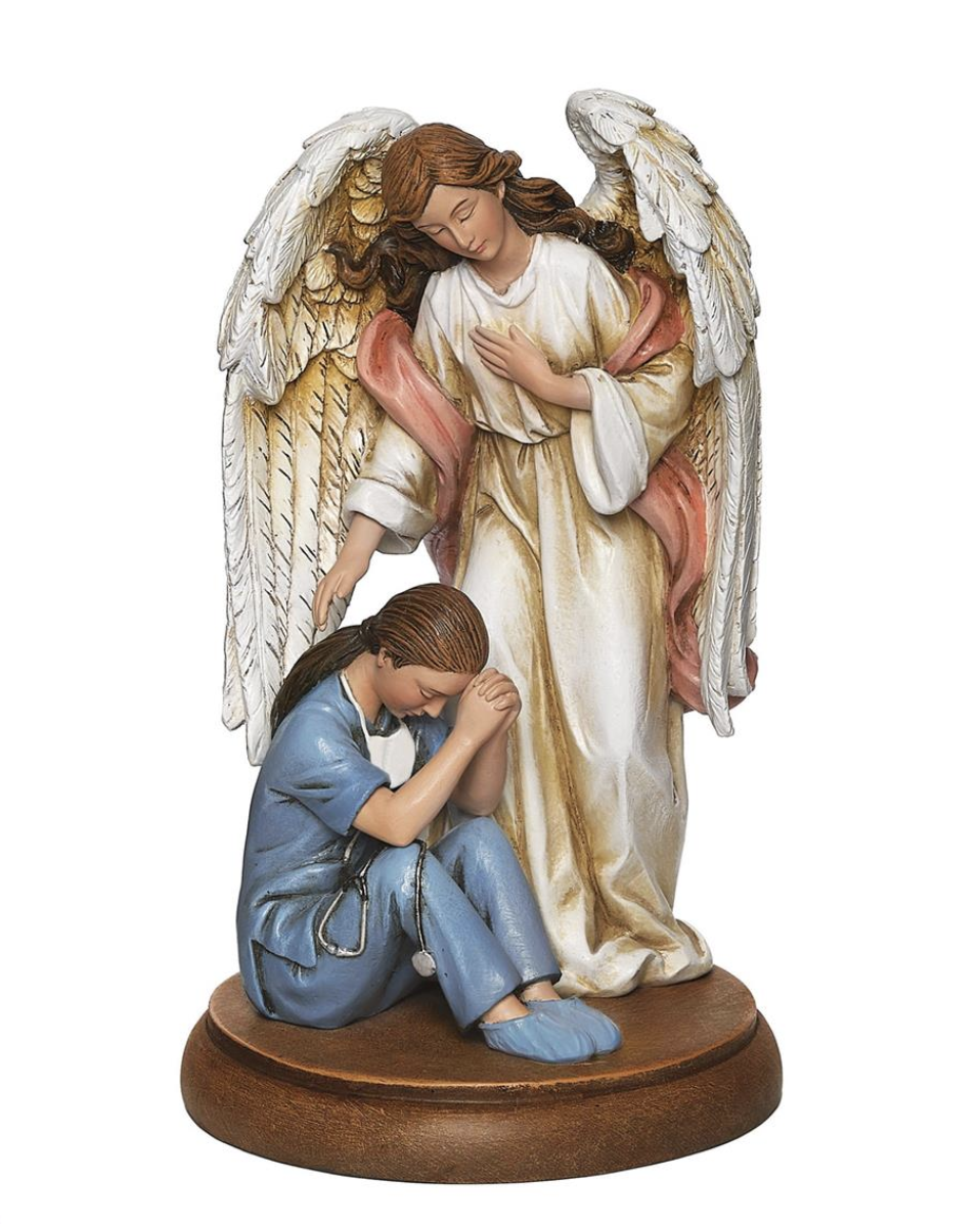 Statue of an angel comforting a person on a white background
