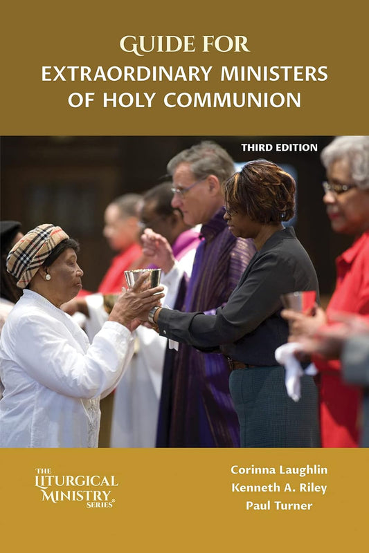Book cover of 'Guide for Extraordinary Ministers of Holy Communion' with people in a church setting.