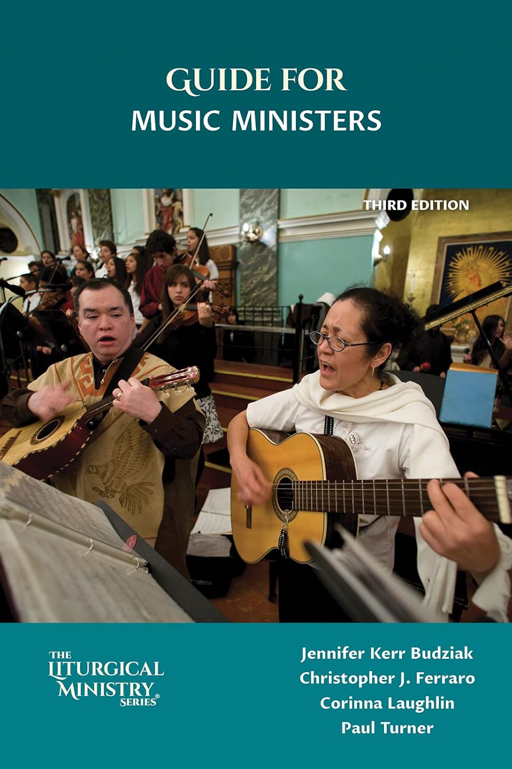 Book cover of 'Guide for Music Ministers' with two musicians playing guitar and violin.