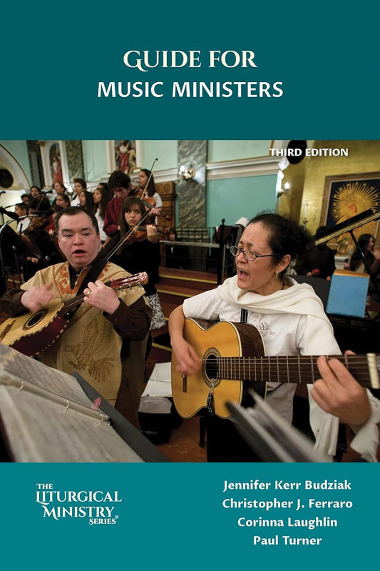 Book cover of 'Guide for Music Ministers' with two musicians playing guitar and violin.