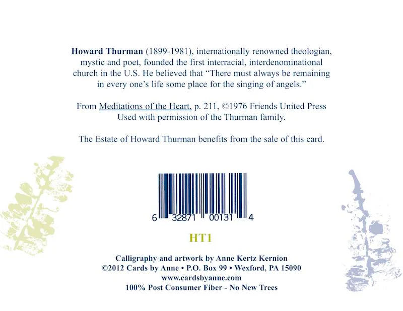Back of a card with text about Howard Thurman, a barcode, and contact information.