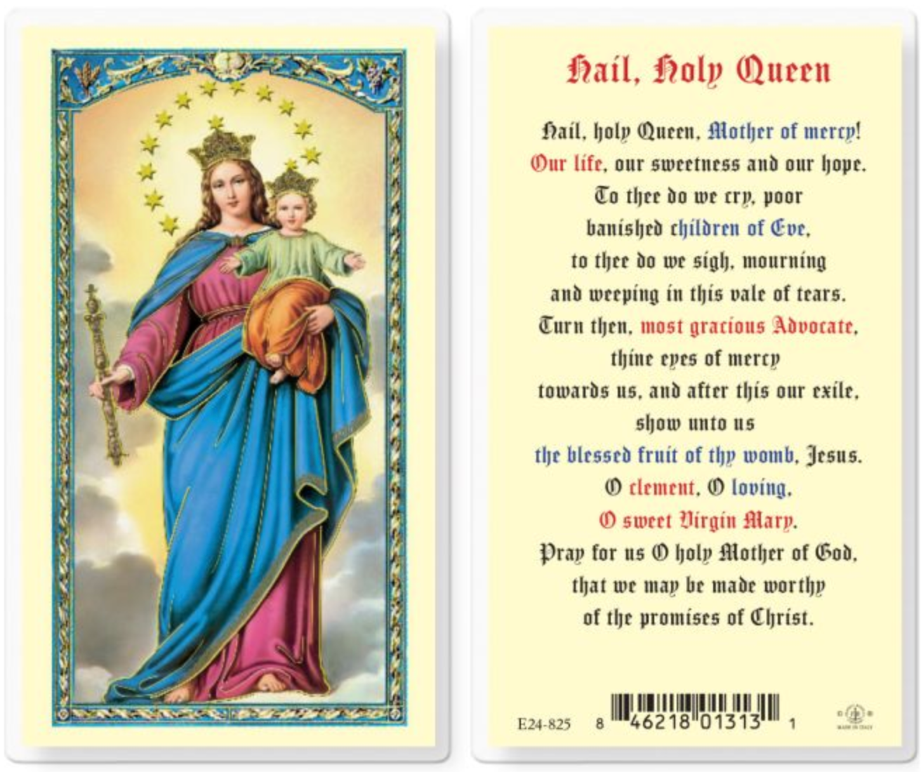 Religious card with an illustration of a woman holding a child and text on a white background