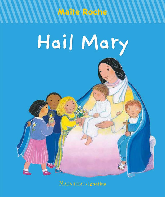 Book cover of 'Hail Mary' featuring an illustration of a woman with children on a blue background.