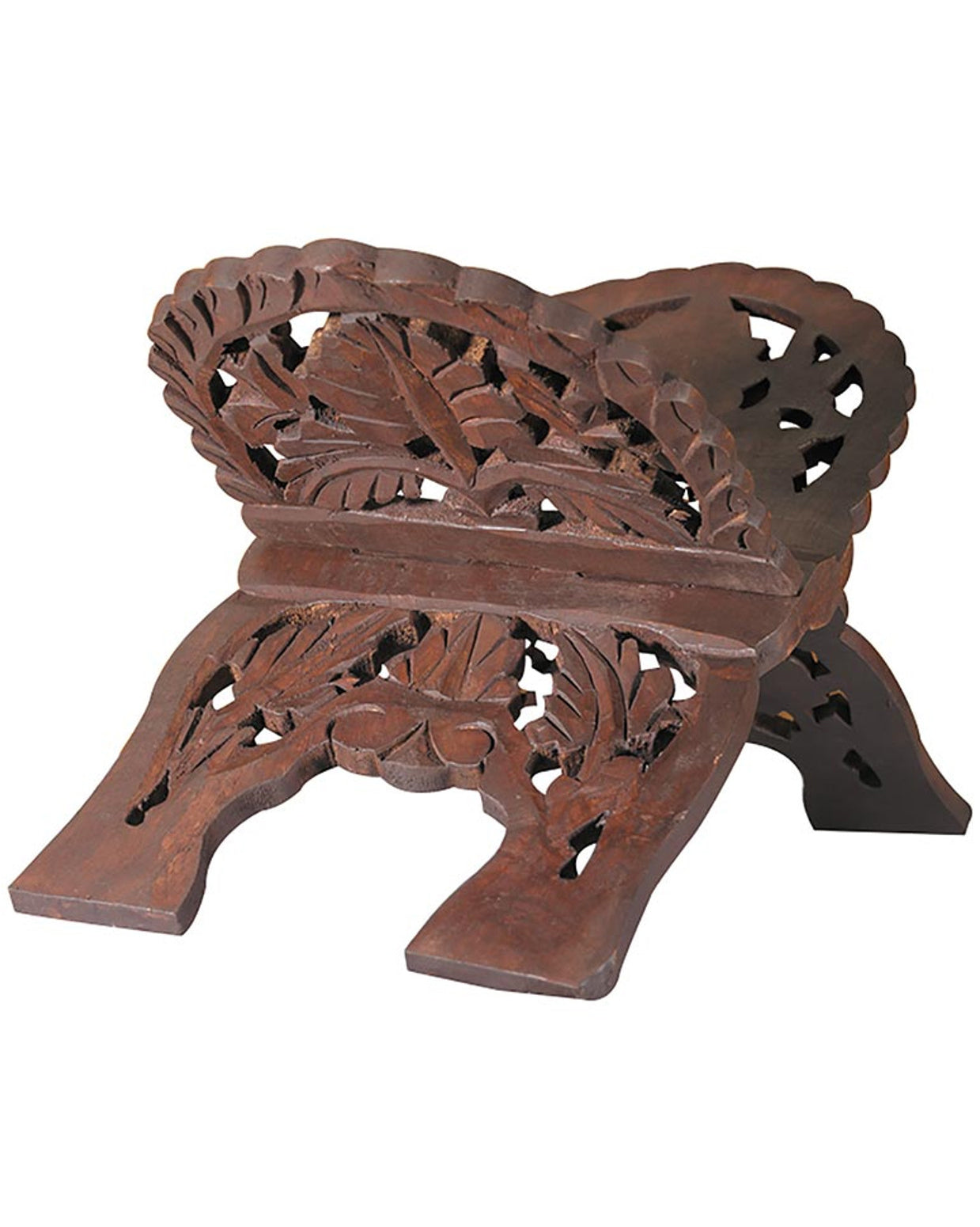 Wooden decorative stand with intricate carvings on a white background