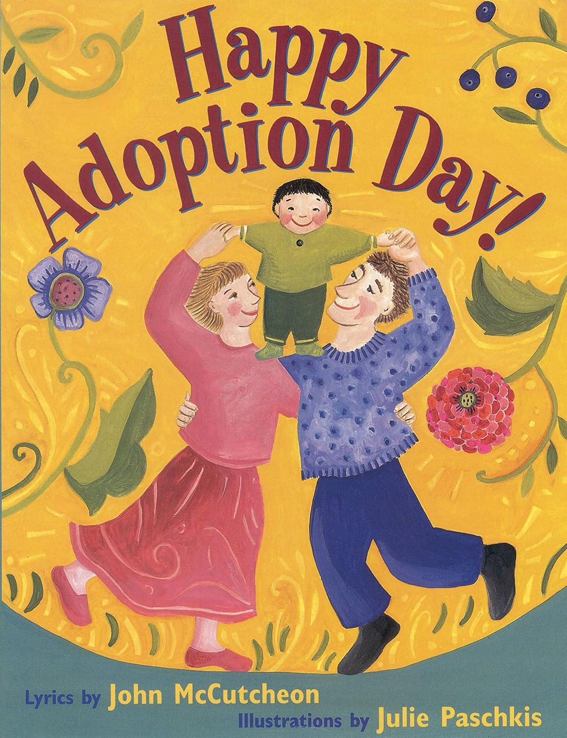 Book cover of 'Happy Adoption Day!' with a couple and child on a yellow background