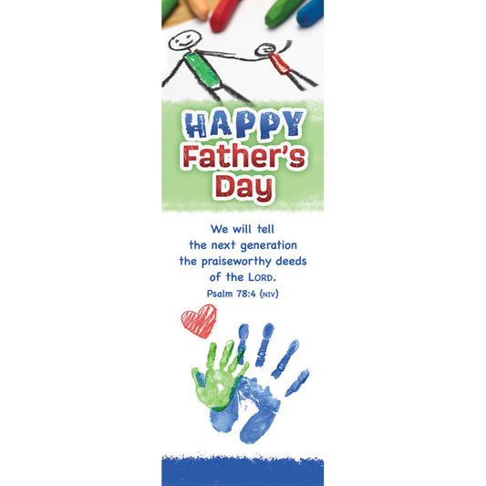 Father's Day card with colorful handprints, stick figures, and Bible verse quote.
