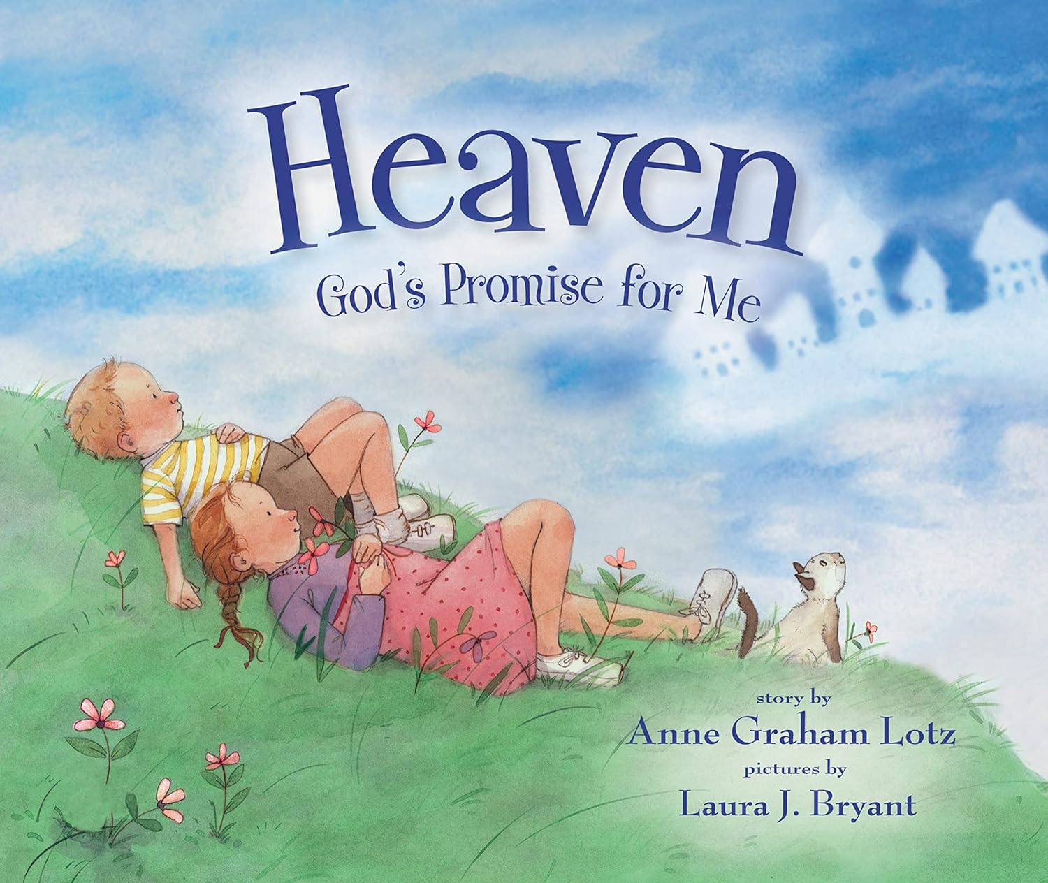 Book cover of 'Heaven: God's Promise for Me' with two children lying on grass and a dog.