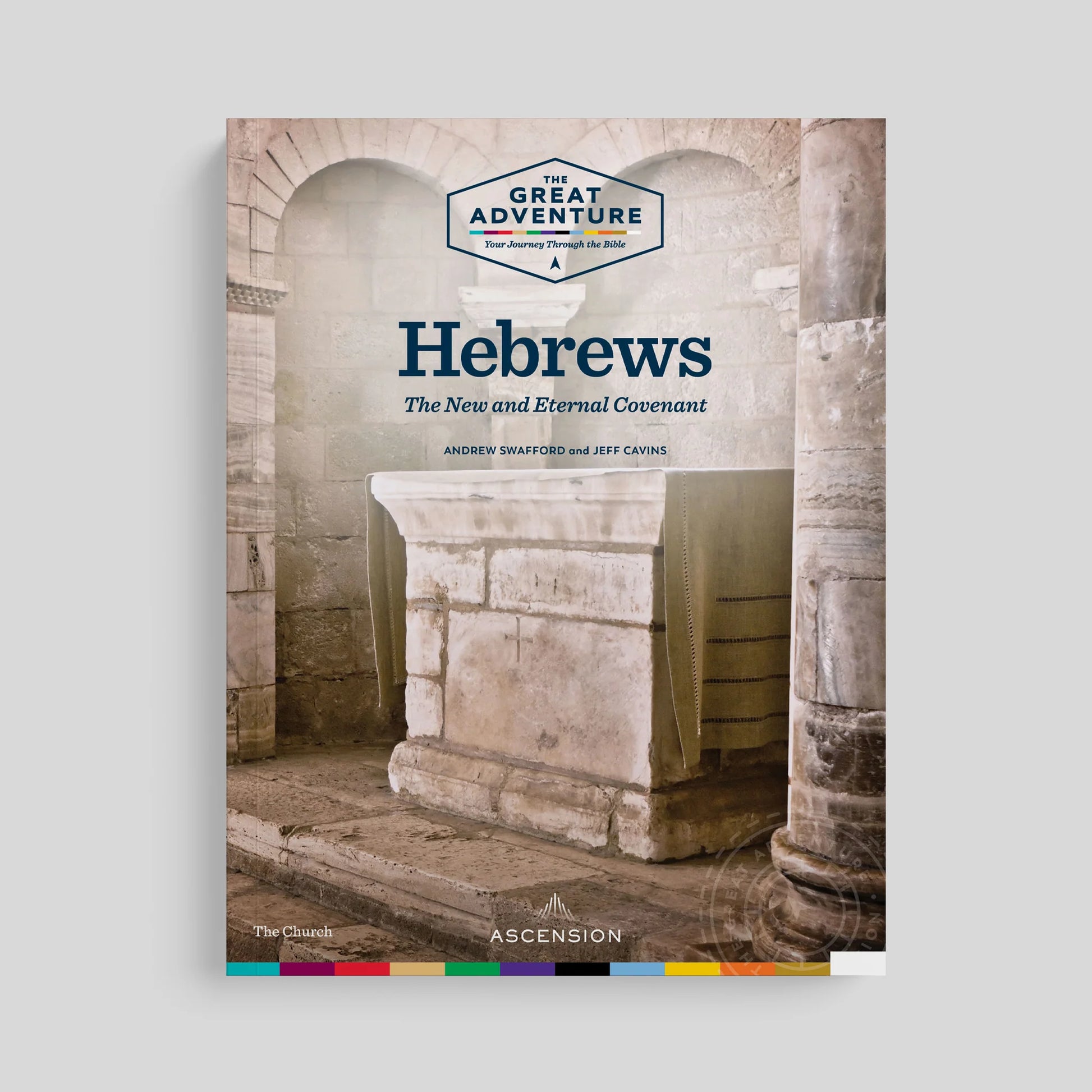 Book cover of 'Hebrews: The New and Eternal Covenant' with a stone architecture design on a gray background.