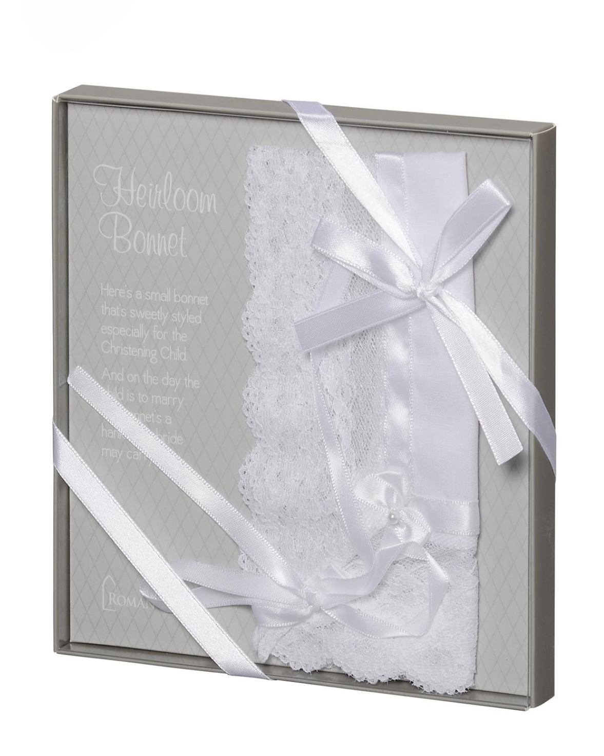 White lace baby bonnet in a gray box with a white ribbon