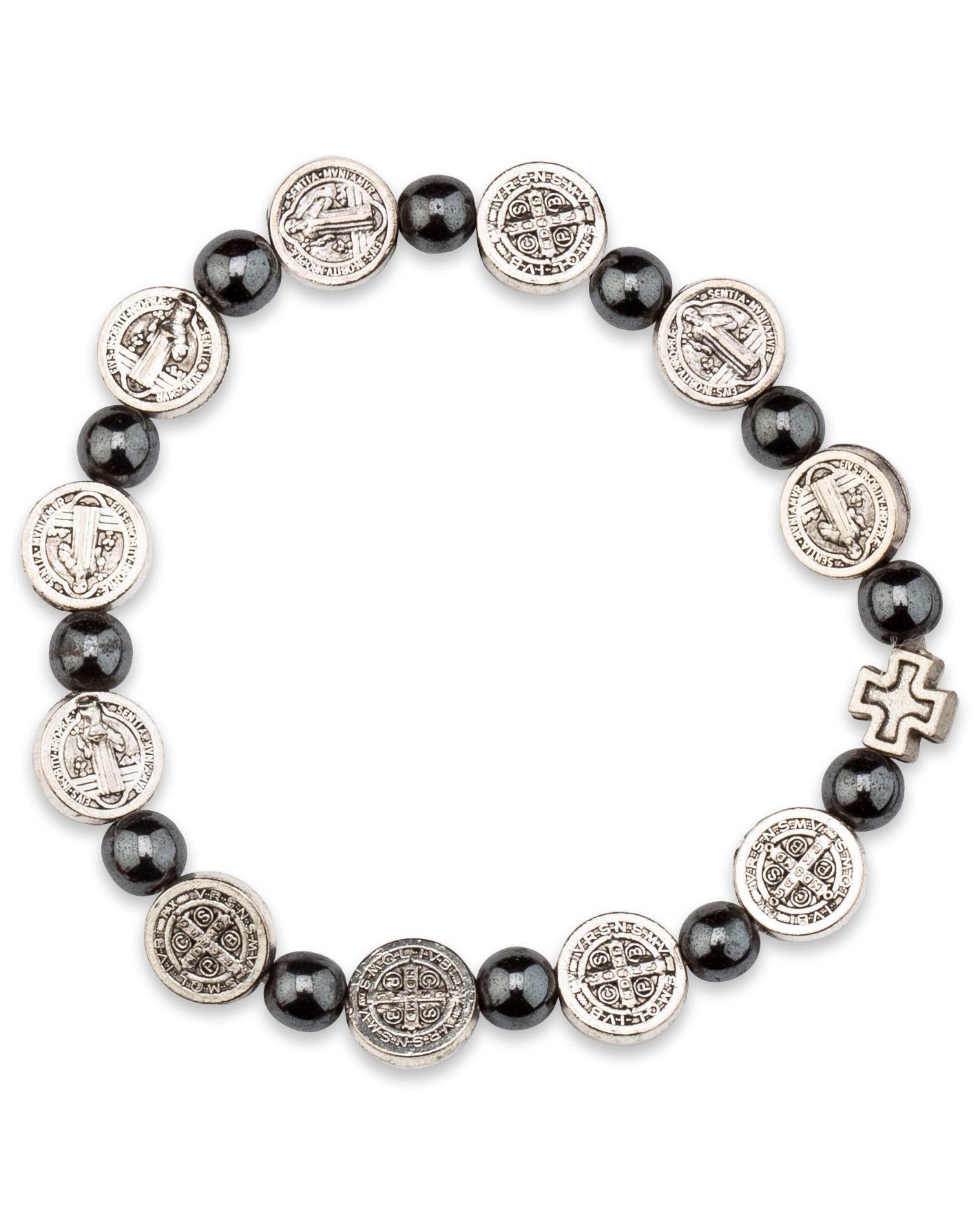 Bracelet with black beads and silver religious charm on a white background