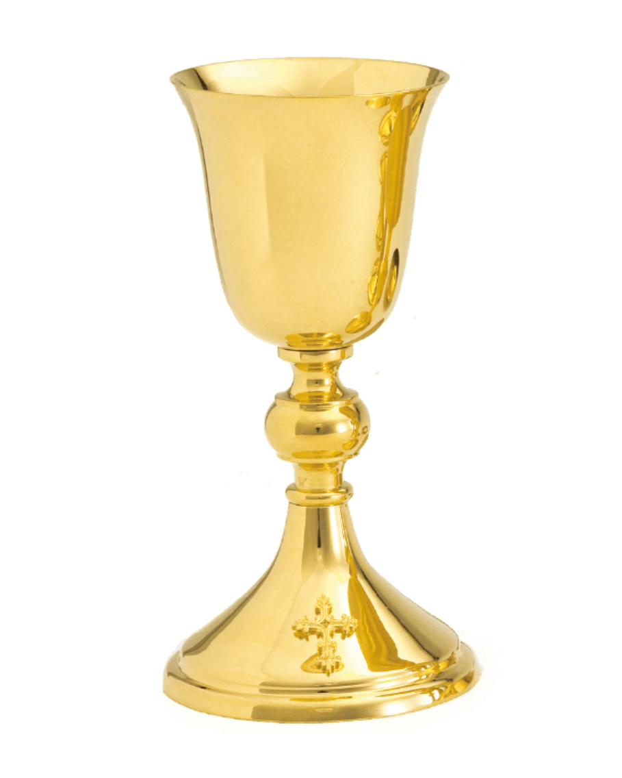 A polished gold-colored metal chalice with a flared bowl, a decorative stem, and a circular base featuring an embossed cross, shown against a plain white background.