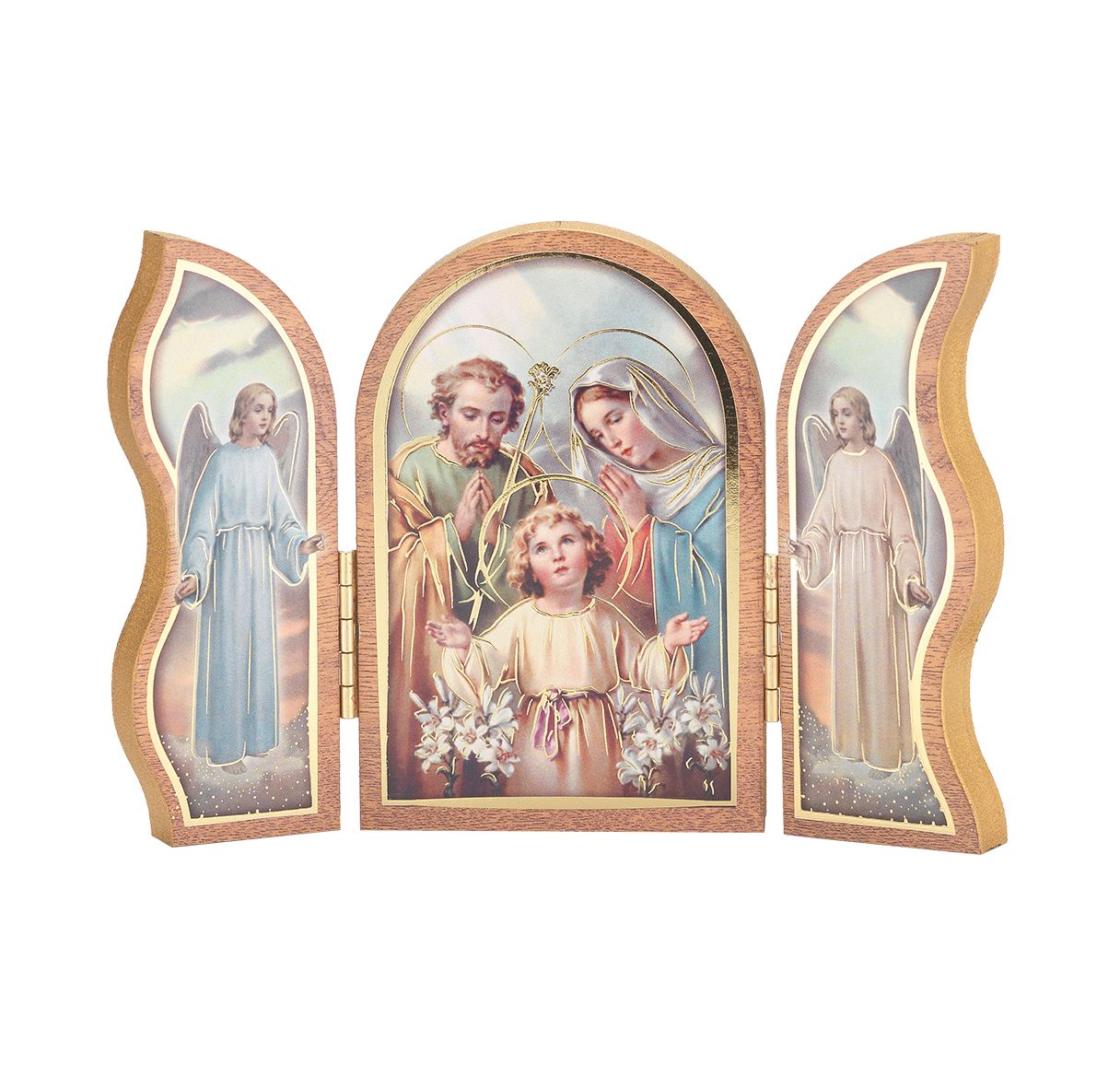 Triptych religious artwork with central figure and two angels on a white background