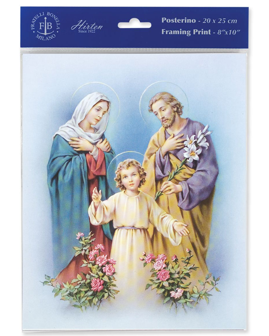 Packaged artwork of a religious scene with three figures, likely the Holy Family, on a blue background.