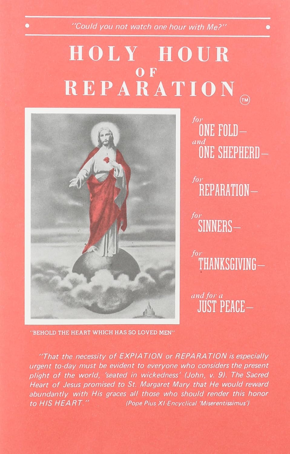 Cover for Holy Hour of Reparation with religious imagery and text on a pink background