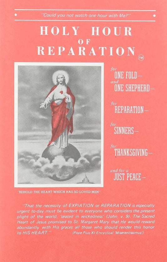 Cover for Holy Hour of Reparation with religious imagery and text on a pink background