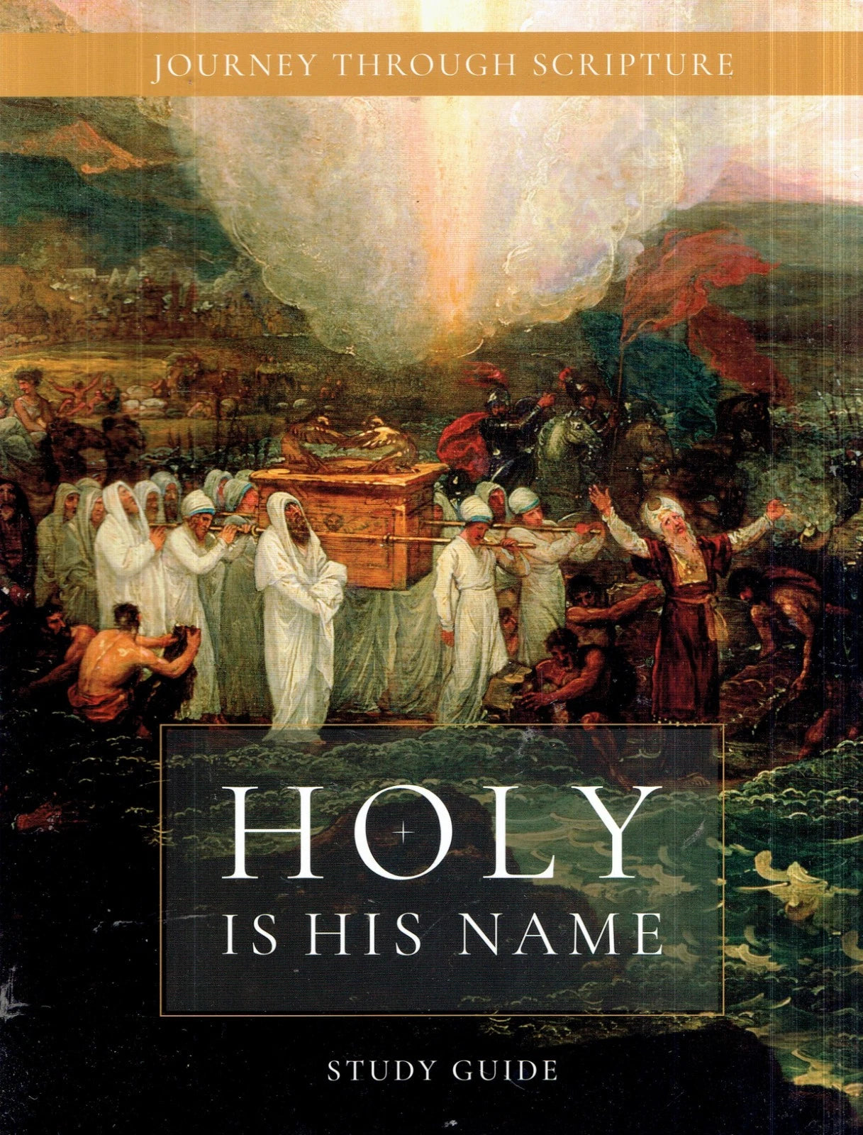 Book cover of 'Holy is His Name' study guide with religious artwork and text.