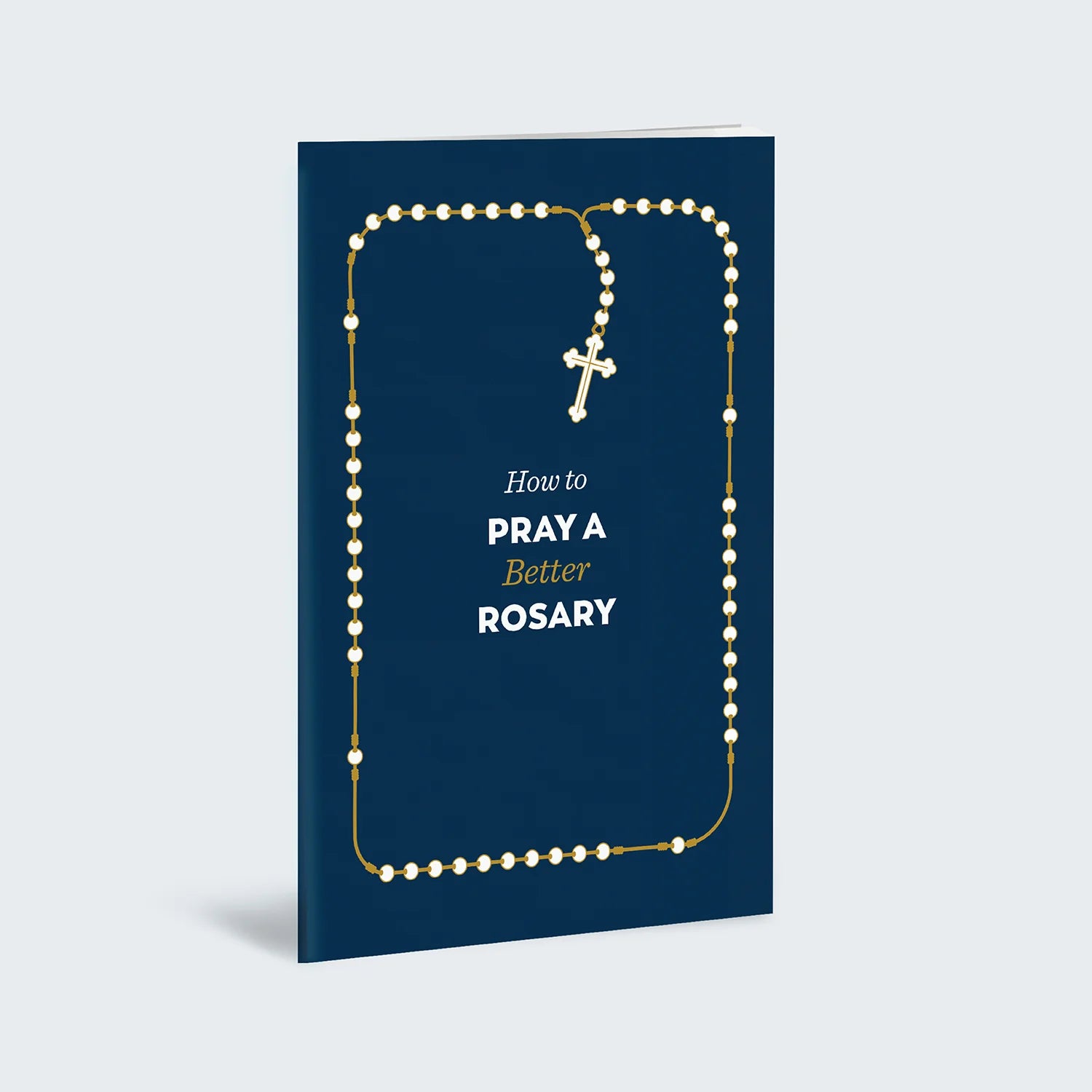 Book cover with rosary design and text on a blue background