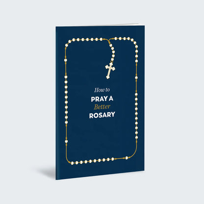 Book cover with rosary design and text on a blue background