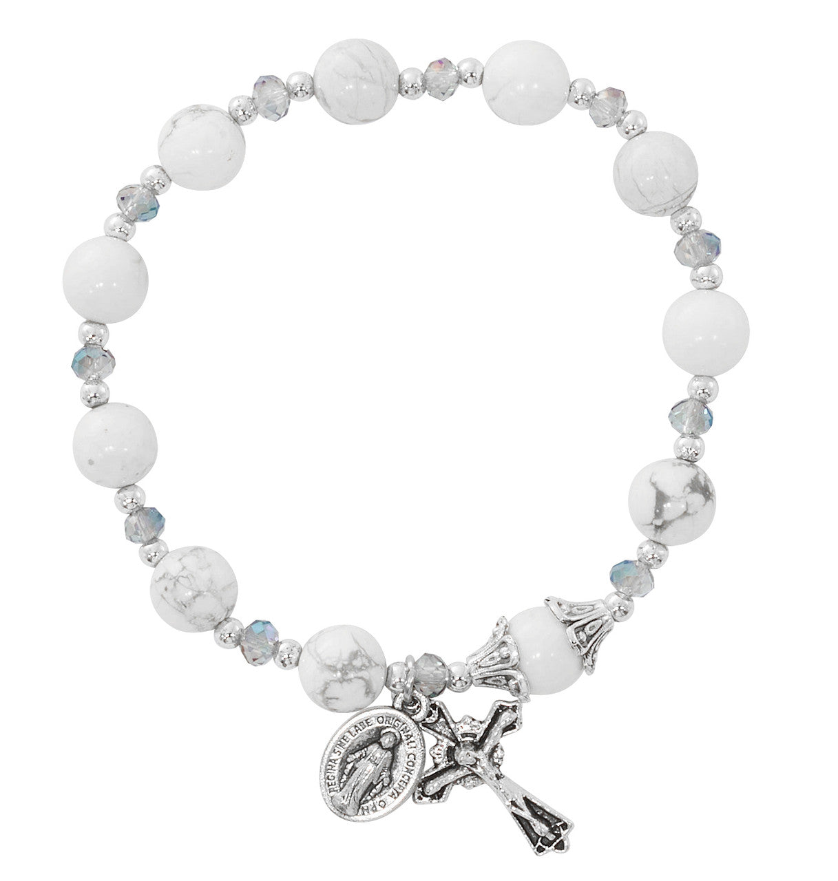 White beaded bracelet with a cross and religious charm on a white background