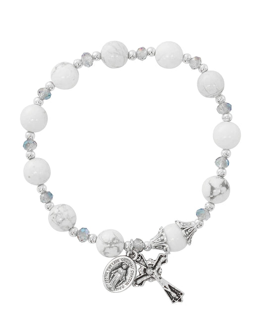 Howolite Stone Miraculous Medal and Crucifix Stretch Bracelet