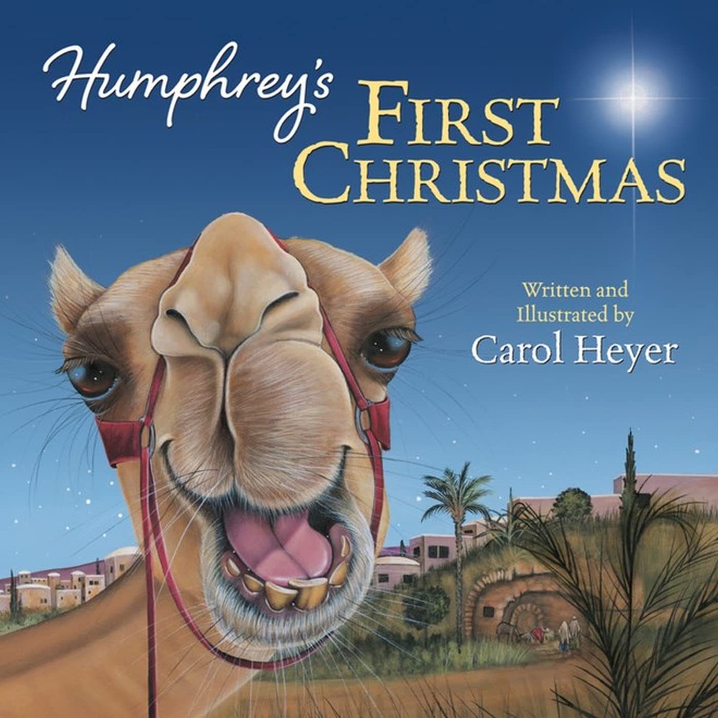 Book cover of 'Humphrey's First Christmas' with a camel illustration and night sky.