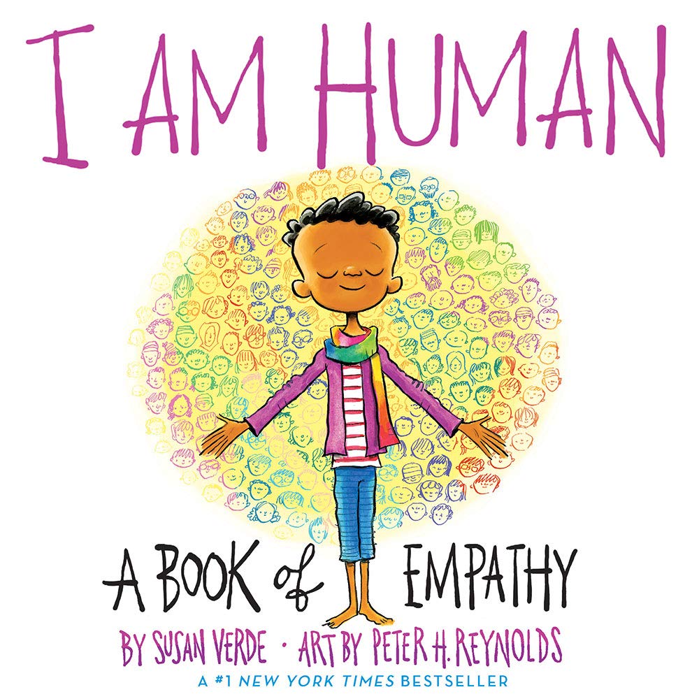 Book cover of 'I Am Human: A Book of Empathy' with a colorful illustration of a child surrounded by small faces.