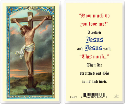 Religious card with image of Jesus on the cross and text.