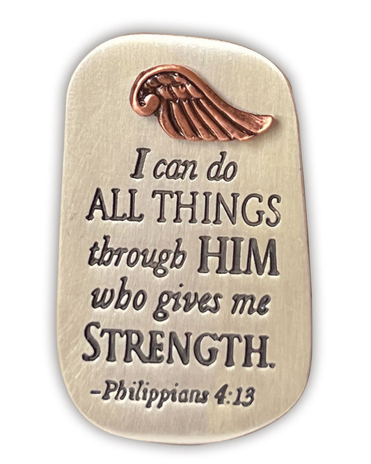 Decorative plaque with inspirational quote and wing emblem on beige background