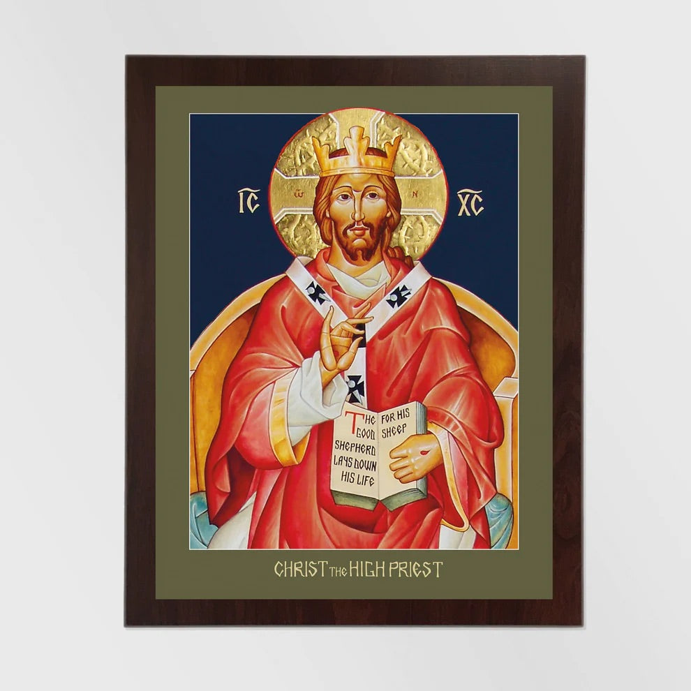 Framed artwork of a religious figure holding a book, with 'Christ the High Priest' text at the bottom.