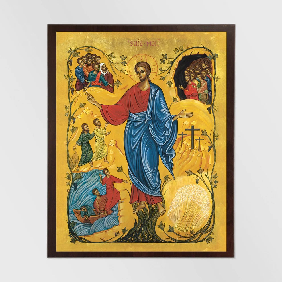 Framed religious artwork with a central figure in a blue robe on a gold background