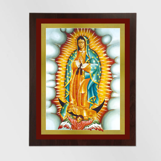 Framed artwork of a religious figure with a gold halo on a white background
