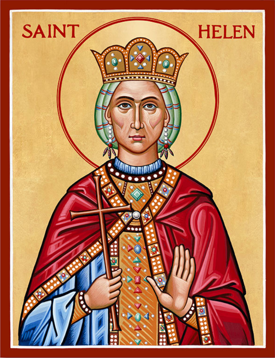 Icon of Saint Helen with a crown and robe, on a beige background.